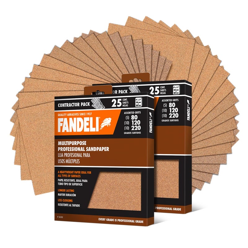 Fandeli | Multi-Purpose Sanding Paper | Assorted Grits (80 120 220) | 50 Sheets of 23 x 28 cm | Perfect for Sanding Metal and Sanding Wood | Hand Sanding | Orbital Sanders. - Image 1